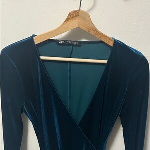 Zara Teal Velvet Wrap-Style Long Sleeve Dress